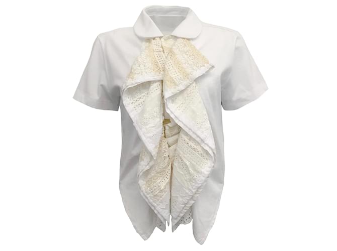 Tao Comme Des Garcons White Short Sleeve Top with Eyelet Ruffle