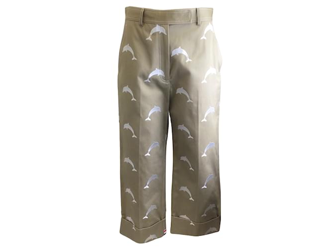 Thom Browne Tan / White Dolphin Embroidered Cropped Wool Pants / trousers Camel  ref.938570