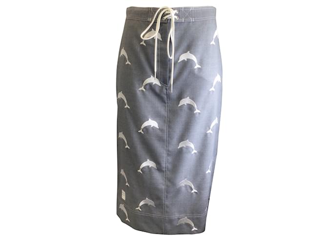 Thom Browne Grey / White Dolphin Embroidered Wool Board Skirt  ref.938571