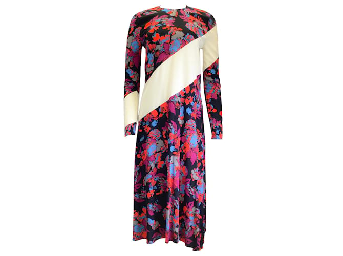 Givenchy black / Ivory Multi Floral Printed Asymmetric Striped Long Sleeved Crepe Midi Dress Multiple colors Viscose  ref.938662