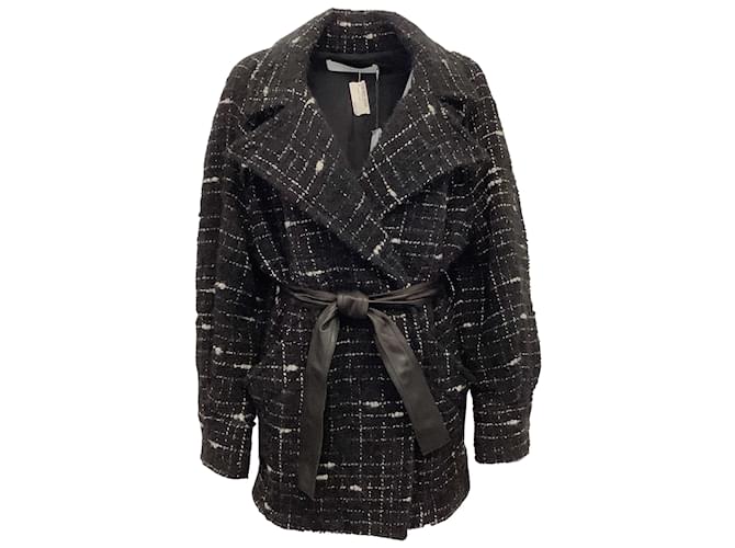 Iro Black / White Tweed Derek Coat with Leather Belt Wool  ref.938763