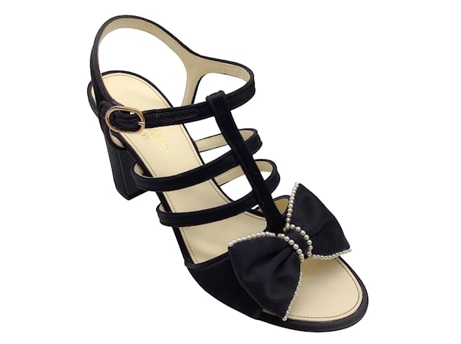 Chanel black pearl embellished bow detail satin sandals Cloth  ref.938809