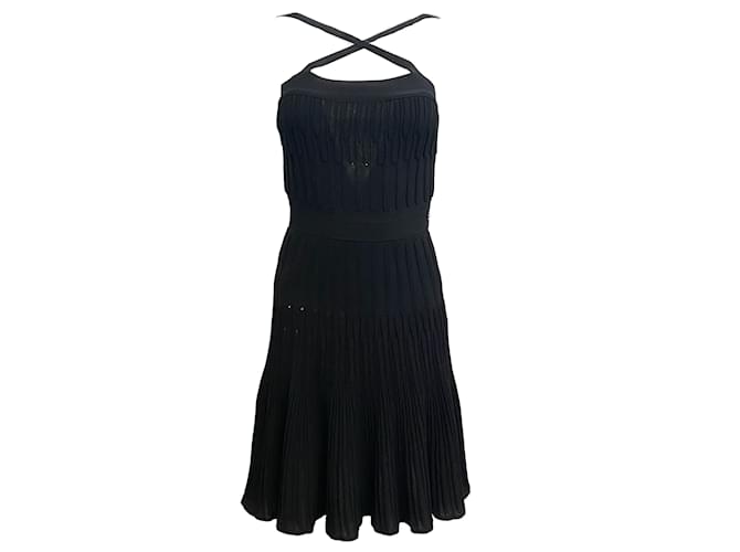 Robe jupe plissée côtelée noire Chanel Coton  ref.938814