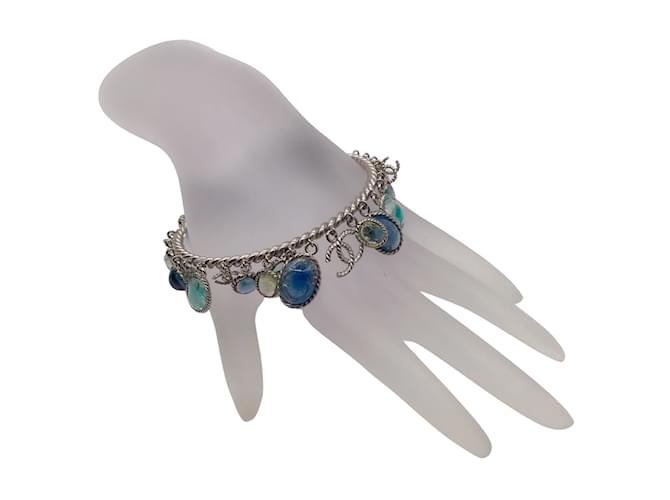 Chanel blue / Green Stone CC Logo Charm Silver Bangle Bracelet  ref.938830