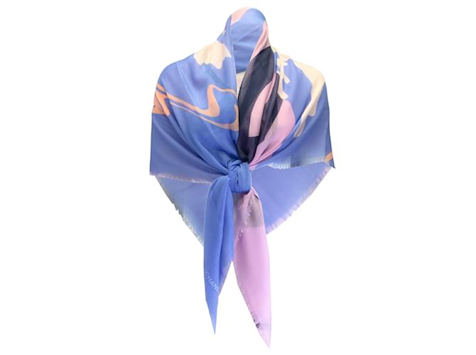 Chanel azul / Pañuelo cuadrado de seda y cachemir con estampado abstracto y logo CC rosa Cachemira  ref.938831