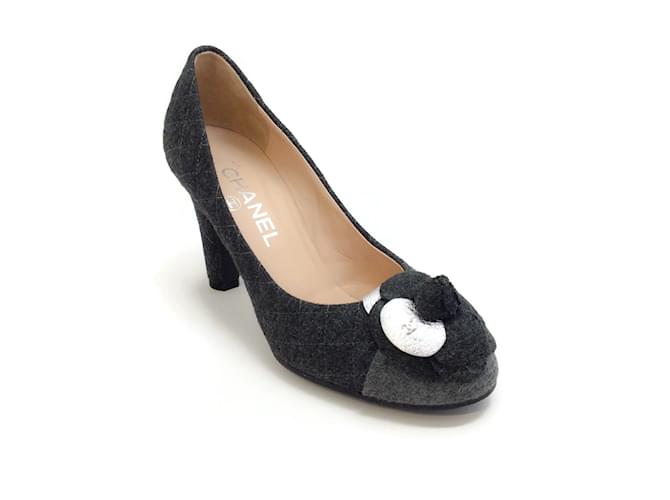 Chanel Charcoal Grey Quilted Flannel Camelia Pumps Cloth  ref.938850