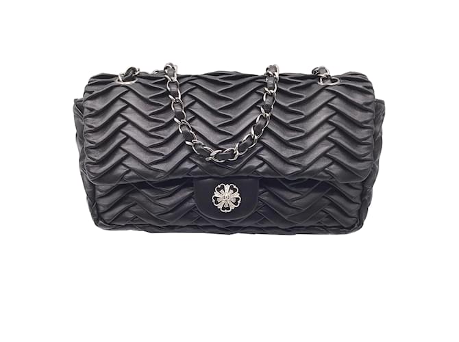 Chanel Black Pleated Leather Classic Flap Shoulder Bag