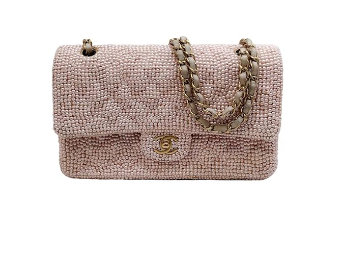 Chanel Double Flap Pearl Embellished Pink Leather Shoulder Bag ref