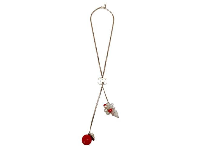 Chanel Gold / Red / Pearl 2005C Shell Charm Necklace Metal  ref.938870