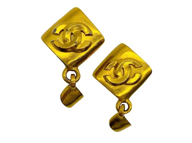 Chanel Gold Tone 1996 Logo Drop Clip On Earrings Golden Metal  ref.938880