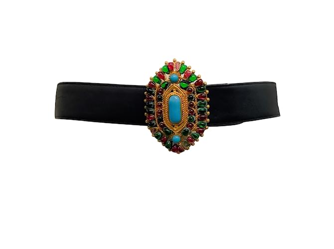 Chanel 1993 Turquoise and Gripoix Black Leather Belt  ref.938892