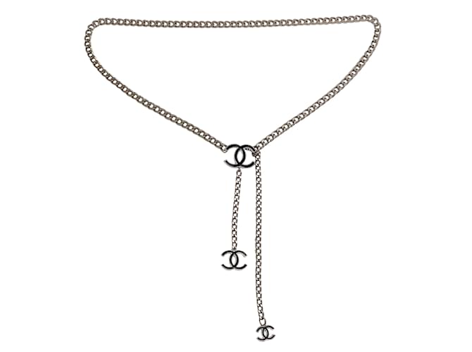 Chanel 2004 Silver Chain Belt With Black Enamel Logos Metal  ref.938898