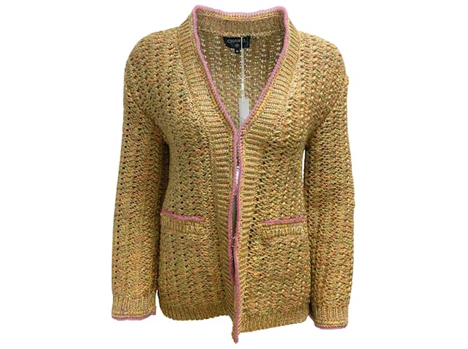 Chanel 2017 Braided Trim Woven Knit Cardigan Gold Multi Sweater Multiple colors Cotton  ref.938915