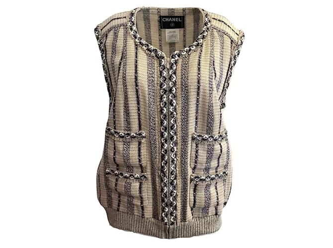 Chanel beige / Navy Tweed Sequined Vest Linen  ref.938923