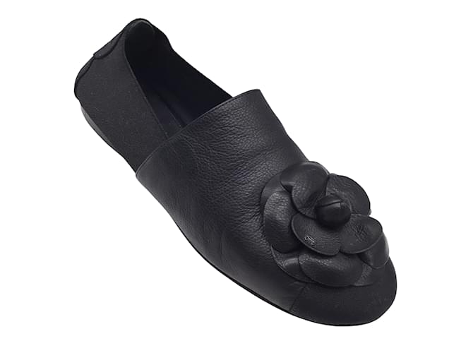 Chanel Black Camellia Leather and Grosgrain Loafers / Flats  ref.938948