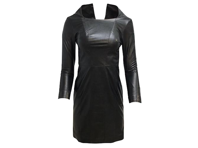 Vestido negro de manga larga de piel de cordero de Chanel Cuero  ref.938957