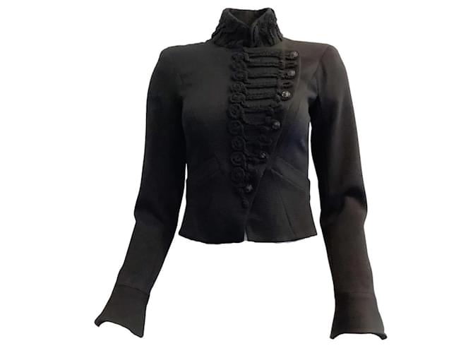 Chaqueta de cuello mandarín negro con botones de camelia de Chanel Lana  ref.938959