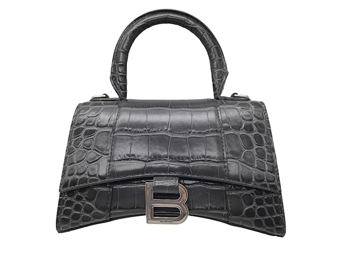 Balenciaga Dark Grey XS Hourglass Shiny Crocodile Embossed Calfskin Leather Top Handle Bag Exotic leather  ref.938995