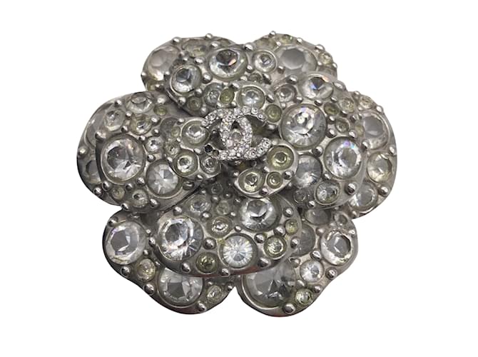 Chanel Silver Rhinestone Studded CC Logo Camellia Flower Brooch Pin Silvery Metal  ref.939032