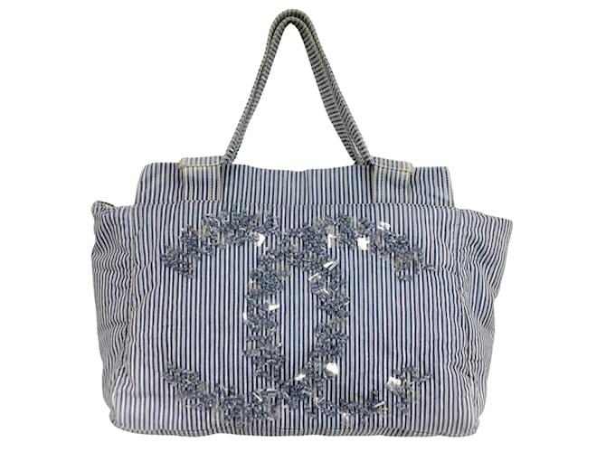 Chanel Striped Chambray Blue & Beige Canvas Tote Cloth  ref.939037