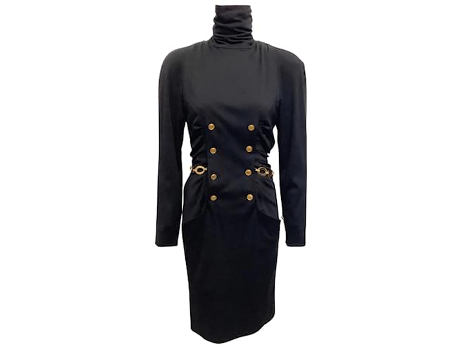 Schwarzes Vintage-Wollkleid von Chanel mit goldenen Knöpfen und Kettengürtel Wolle  ref.939055