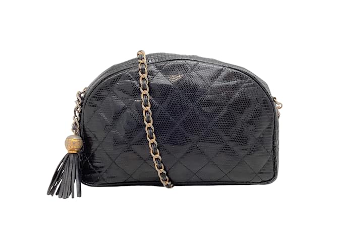 Chanel Vintage Quilted Black Lizard Skin Leather Shoulder Bag Exotic leather  ref.939060