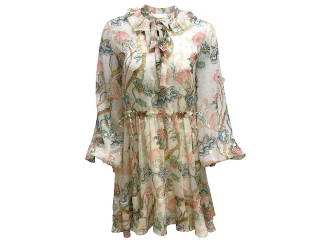 Chloé Ivory Vestido curto casual com decote em laço estampado floral manga longa de seda Multicor  ref.939084