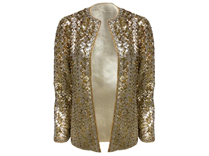 Christian Dior Vintage Gold- und Silber-Metallic-Pailletten- und Perlenjacke mit offener Vorderseite Golden Synthetisch  ref.939099