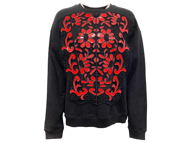 Christopher Kane Christophe Kane Noir / Sweat-shirt rouge à fleurs en dentelle et appliqués Coton  ref.939106