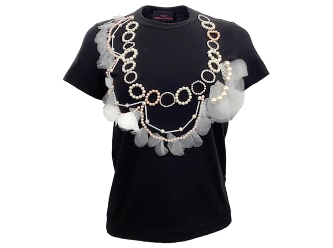 Comme des Garcons Black Cotton Short Sleeve Tee with Pearl Necklace Detail  ref.939128