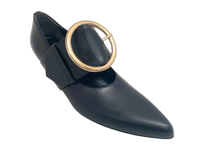 Comme des Garcons Kitten-Heel-Pumps aus schwarzem Leder mit goldener Schnalle  ref.939130