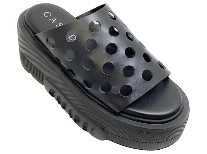 Casadei Black Leather Perforated Nexus Platform Slide Sandals  ref.939165