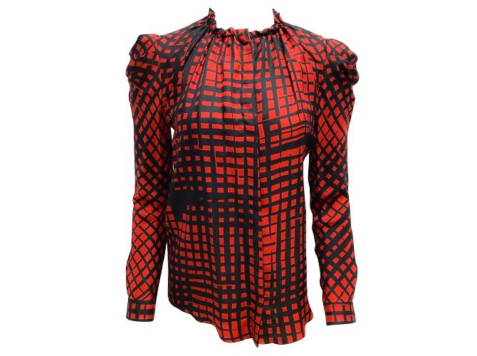 Vionnet Paris Blusa de seda de manga larga roja y negra