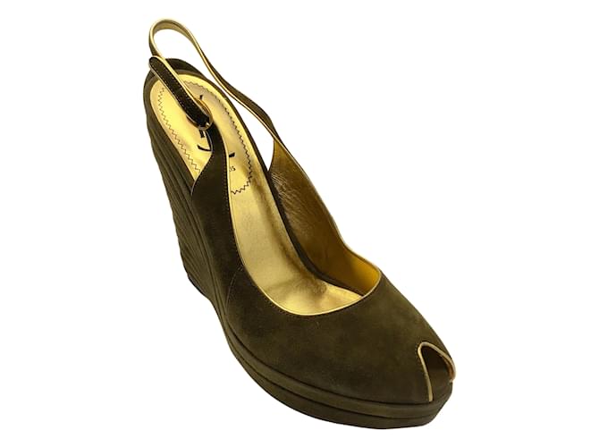 Yves Saint Laurent 'Myranda' Olive Green / Gold Metallic Leather Trimmed Peep Toe Slingback Suede Platform Wedge Shoes  ref.939233