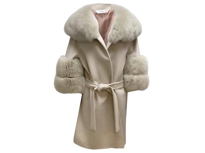 Autre Marque Fleurette Fawn Belted Fox Fur & Wool Coat Beige  ref.939289