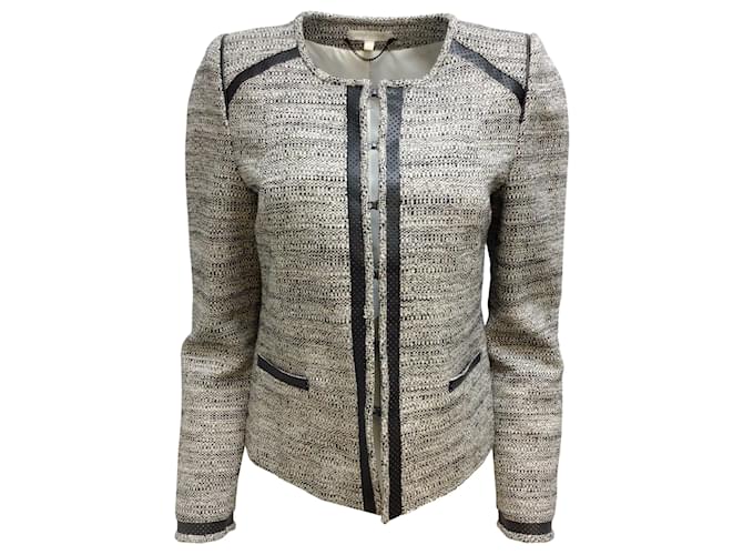 GERARD DAREL Nero / Blazer in tweed intrecciato con finiture in pelle traforata color avorio  ref.939308