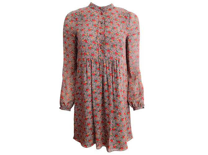 Saint Laurent Red Floral Silk Long-sleeve Babydoll Casual Dress Synthetic  ref.939324