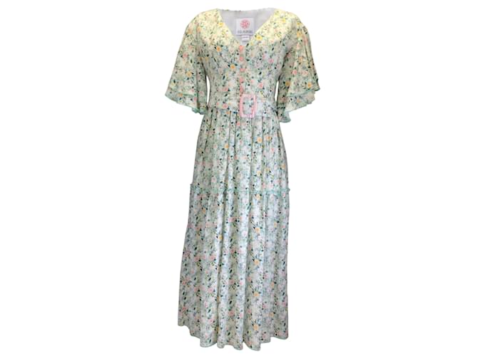 Autre Marque Gul Hurgel White / Green Multi Belted Floral Printed Linen Midi Dress Multiple colors  ref.939336