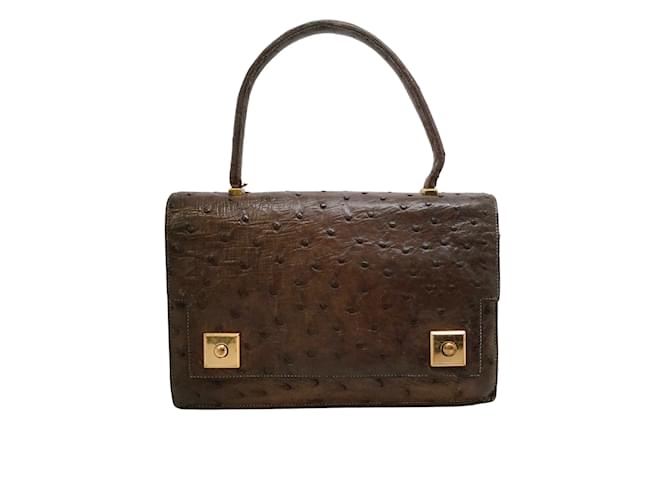 Hermès Hermes 1955 Bolso satchel de piel de avestruz marrón oscuro Castaño Cueros exoticos  ref.939348