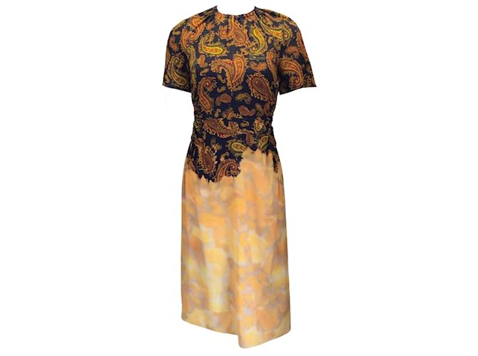 Autre Marque Rokh Black / Gold Multi Paisley Printed Short Sleeved Gathered Silk Midi Dress Multiple colors  ref.939419