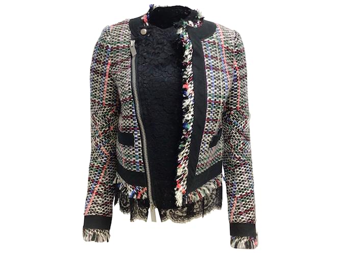 Sacai - Giacca in tweed con zip intera e pizzo multiplo in bianco e nero Multicolore Cotone  ref.939452