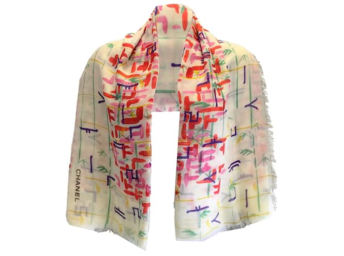 Chanel Ivory / pink / Red Multi Printed Large Cashmere and Cotton Scarf Multiple colors  ref.939484