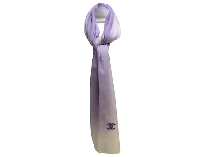 Chanel Lavender / White Sequined Cc Logo Fringed Trim Ombre-effect Cashmere and Silk Scarf/wrap Purple  ref.939487