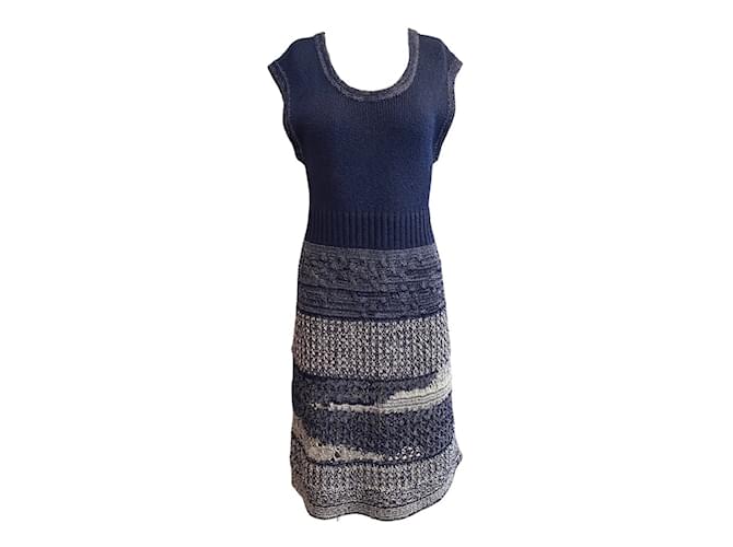 Chanel navy / White Knit Short Casual Dress Blue Viscose  ref.939494