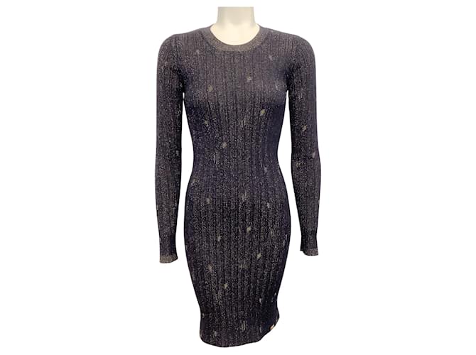Chanel navy blue / Gold Distressed Knit Bodycon Work/Office Dress Cashmere  ref.939496