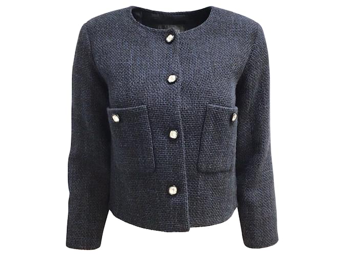 Chanel Navy Blue Crystal Embellished Button Wool Tweed Jacket ref