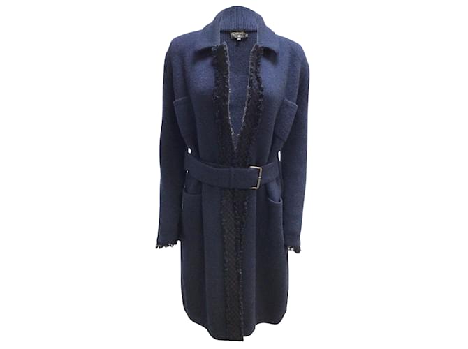 Manteau mi-long en tricot de cachemire à ceinture Chanel bleu marine Gabrielle Coco Patch  ref.939501