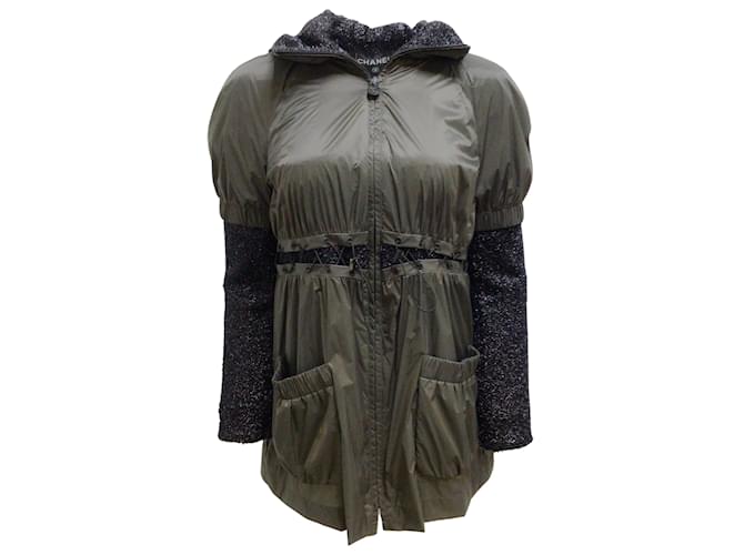 Chanel olive green / Black Nylon and Sparkle Metallic Hooded Full Zip Jacket Synthetic  ref.939507