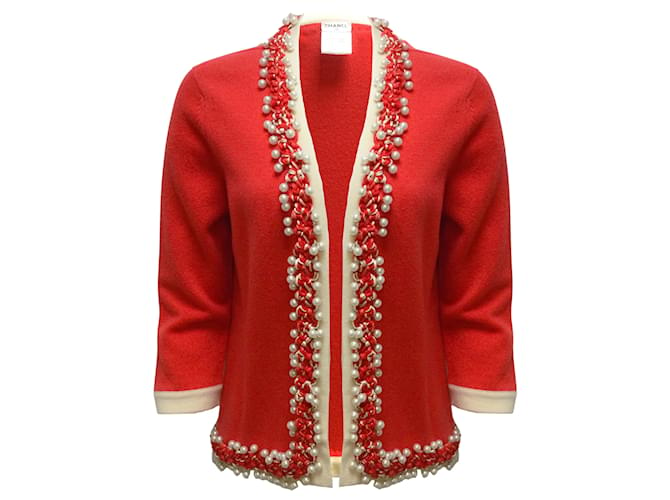 Chanel Pearl Embellished Braided Trim Long Sleeved Cashmere Knit Cardigan Poppy Red / Ivory Sweater  ref.939513