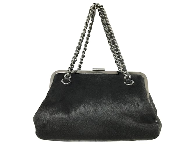 Clutch Bags Chanel Chanel Pony and Leather Frame Black Calf Hair Clutch